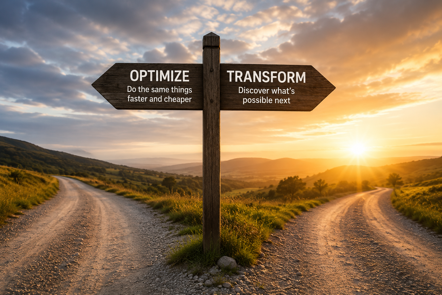 A wooden signpost on a country road at sunset: one arm labeled OPTIMIZE — do the same things faster and cheaper; the other arm labeled TRANSFORM — discover what's possible next
